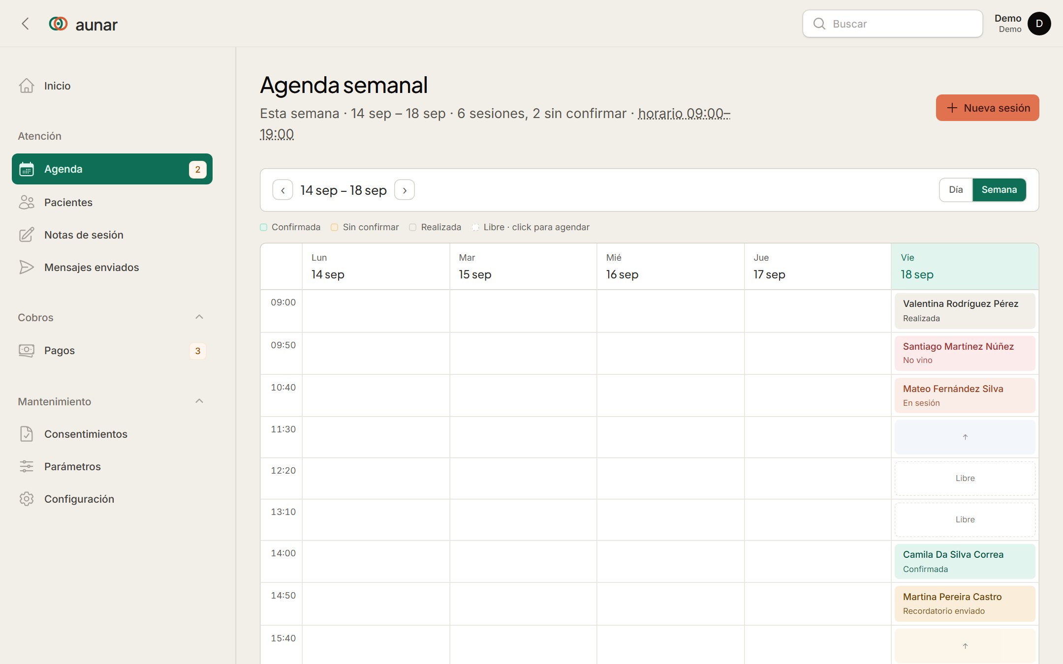 La agenda semanal: los días con sus turnos, cada uno con el nombre y el estado, y los huecos libres